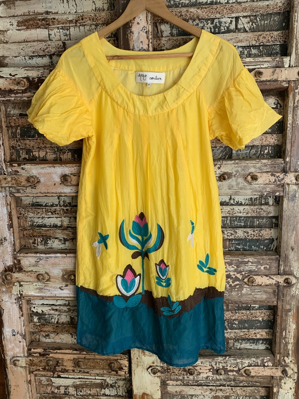 Yag Couture Yellow Dress Teal Floral Hem, Puff Sleeve, Cotton Silk Boho Y2K, S
